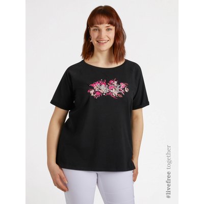 T-shirt manches courtes avec fleurs brodées en FIL sur le devant et inscription en paillettes devant FIORELLA RUBINO