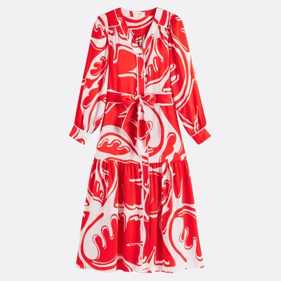 Robe fluide col V imprimée avec ceinture, CINDIA SUNCOO
