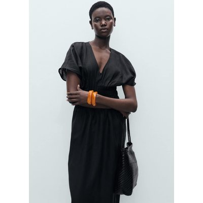 Robe longue en lin avec empiècement froncé MANGO