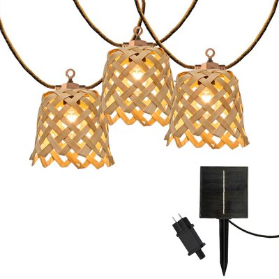 Guirlande lumineuse extérieur raccordable 10 abat-jour naturels en bambou NOYA LIGHT HYBRID LED blanc chaud 8m solaire et sur secteur LUMISKY