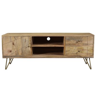 Meuble TV gravé en bois manguier massif et métal L130 LINIUM MILIBOO