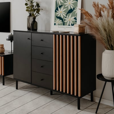 Commode 2 portes 4 tiroirs noir à lamelles TERRE DE NUIT
