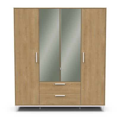 Armoire 4 portes ouvrantes, 2 miroirs et 2 tiroirs décor chêne et blanc mat H220 cm - CRAFT CALICOSY