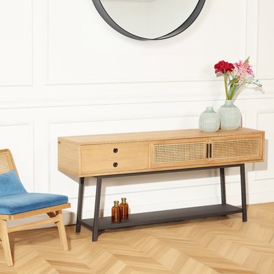 Console 2 portes, 1 tiroir en chêne et cannage LALALA ROBIN DES BOIS