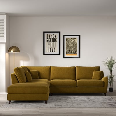Amelia Velvet Corner Sofa & Modular Footstool Set with Dark Wood Legs (Left Facing) ÉDITÉ