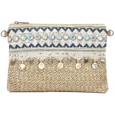 Sac à main pochette en paille BLEU CERISE