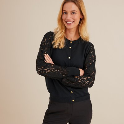 Cardigan col rond en fine maille, manches dentelle ANNE WEYBURN