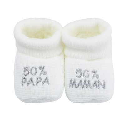 Chaussons naissance - message :  50% maman 50% papa TROIS KILOS SEPT