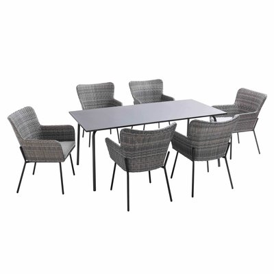 Salon de jardin table et 6 chaises avec accoudoirs en résine tressée, MURCIA OVIALA