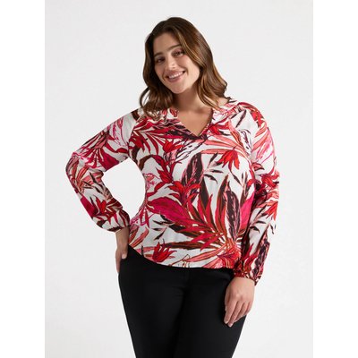 Blouse en crêpe de viscose imprimé feuillage, col rond, ouverture en V devant et élastique dans le bas des manches FIORELLA RUBINO