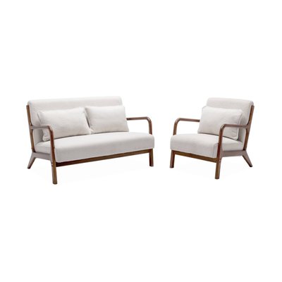 Banquette 2 places + Fauteuil bois d'hévéa teinté noyer clair et bouclette LORENS SWEEEK