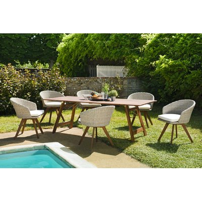 Salon de jardin bois acacia table de jardin pliante 220x90cm + 6 fauteuils rotin synthétique avec coussins SUMMER PIER IMPORT