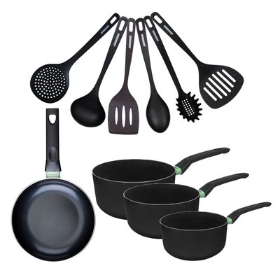 Set 1 poêle 20 cm, 3 casseroles 16, 18 et 20 cm et 6 ustensiles FACKELMANN