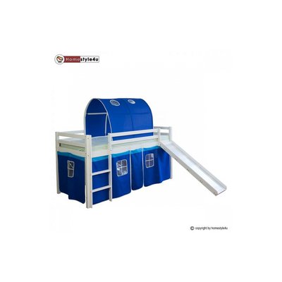 Lit Simple Blanc 90x200 en hauteur avec echelle Rideau et Tunnel Bleu et toboggan HOMESTYLE4U