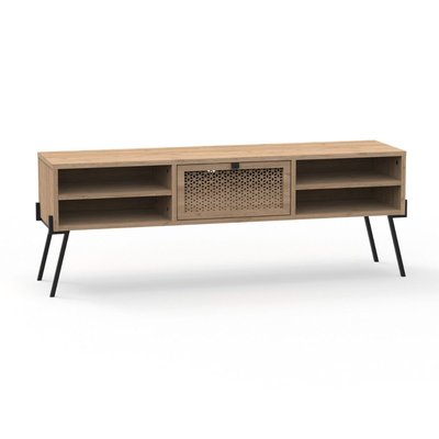 Meuble TV 1 Porte, 4 Niches et Pieds en Métal L140 cm - Evan CALICOSY