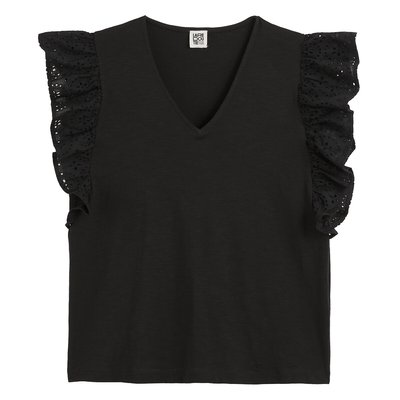T-shirt scollo a v spalle con volant e ricami LA REDOUTE COLLECTIONS