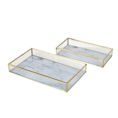 Set de 2 plateaux rectangulaires en métal Doré et verre effet marbre blanc WADIGA