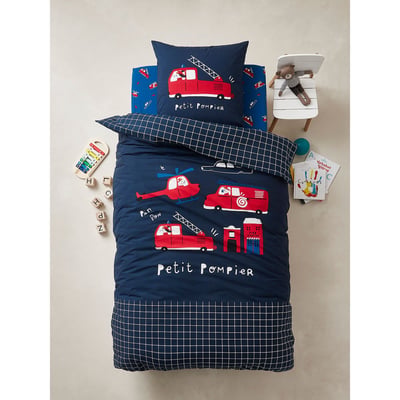 Caradou Parure De Lit Enfant Pompier 4 Pièces – Couette Incluse 90x140 Cm, Bleu, 100% Coton, Idéal Lit Évolutif