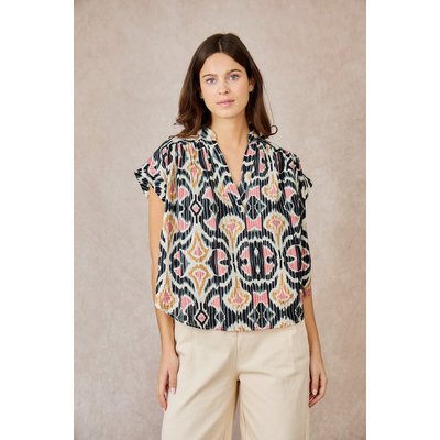 Printed Short Sleeve Blouse with V-Neck SEE U SOON