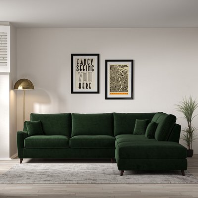 Amelia Velvet Corner Sofa & Modular Footstool Set with Dark Wood Legs (Right Facing) SO'HOME