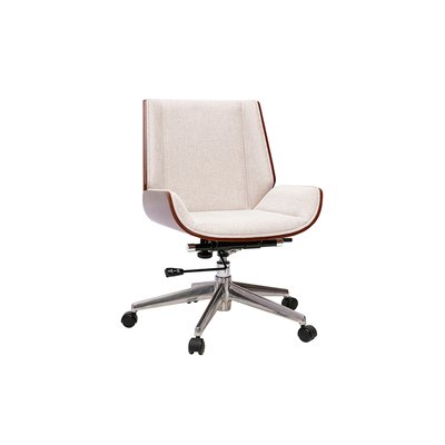 Chaise de bureau à roulettes design en tissu effet velours texturé beige, bois foncé et acier chromé CURVED MILIBOO