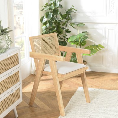 Fauteuil contemporain bois clair tissu blanc et cannage TIM PIER IMPORT