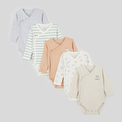 Lot de 5 bodies croisés manches longues imprimé en coton BIO BOUT'CHOU