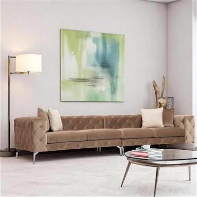 Grand canapé 4 places beige en velours capitonné DOVER PIER IMPORT