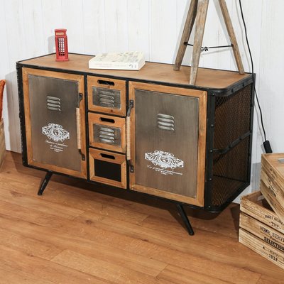 Commode apothicaire rétro style campagne en bois sapin et métal 3 tiroirs 108cm LAMPHUN PIER IMPORT
