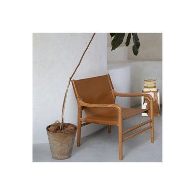 Fauteuil lounge à accoudoirs en bois teck et cuir pleine fleur - LIAM HELLIN, DEPUIS 1862