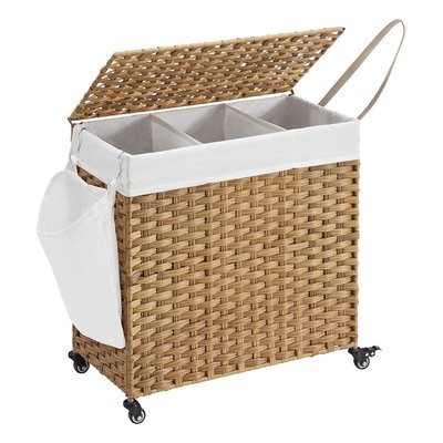Panier à Linge 3 Compartiments sur Roulettes Imitation Jonc Naturel CALICOSY