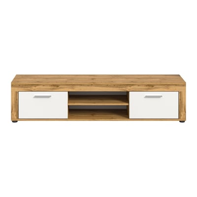 Meuble TV 2 portes abattantes et 2 niches blanc et chêne wotan L160 cm - AOSTA CALICOSY