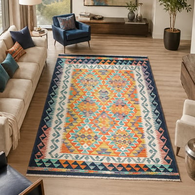 Tapis d'orient à motif géométrique, tissage plat authentique UN AMOUR DE TAPIS