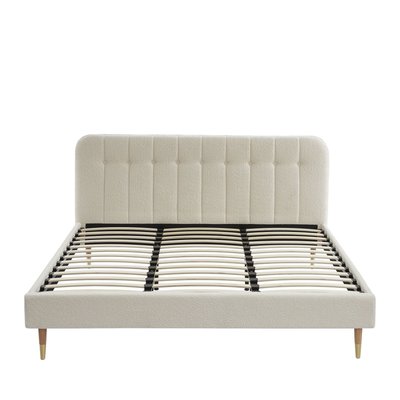 Lit matelassé en tissu bouclette pieds bois clair 180x200cm - TORGO DRAWER