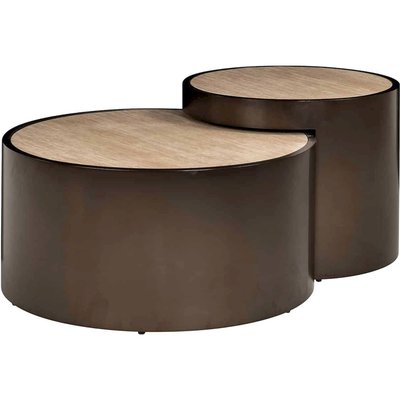 Table basse ronde design  effet travertin et base bronze RECOLLECTION