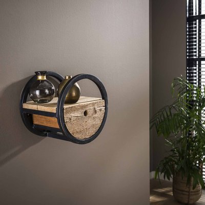 Etagère murale ronde 30 cm bois et métal industriel CYCLADES PIER IMPORT