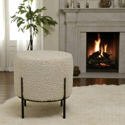 Pouf rond tissu bouclette taupe pieds en métal noir BRUGES PIER IMPORT