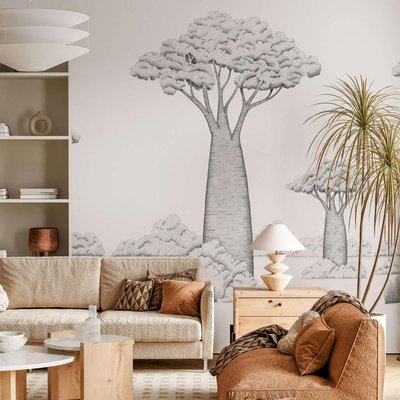 Papier peint panoramique noir et blanc avec baobabs et savane africaine - 255x260 cm (l x h) LA TOUCHE ORIGINALE