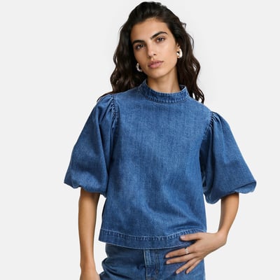 Blouse en jean à manches courtes bouffantes  LA REDOUTE COLLECTIONS