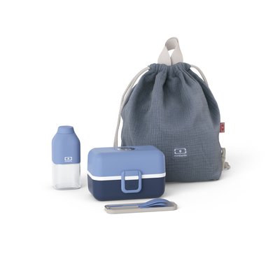 Set lunch box enfant 800ml Bleu + Bouteille 330 ml + Sac à dos + Couverts MONBENTO