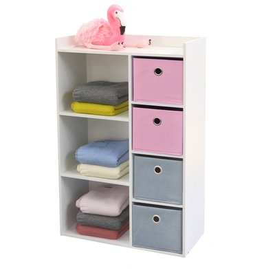 Meuble de Rangement Chambre Enfant Blanche avec 4 Paniers Rose et Gris WADIGA