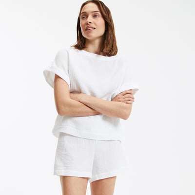 Pyjama Grossesse 2 Pièces En Gaze De Coton - Haut Chemise Boutonné, Pantalon Large Bandeau - Imprimé Fleurs