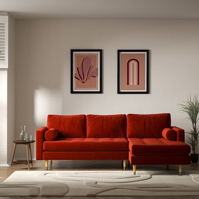 Coco Mid-Century Velvet Chaise - Right Facing with Natural Wood Legs SO'HOME