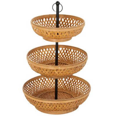 Corbeille à fruits étagée tressée bambou et métal noir 40x40x70cm WADIGA