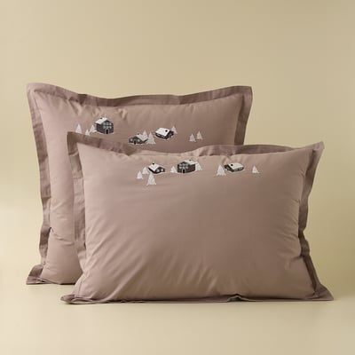 Taie d'oreiller brodée AU COEUR DE LA VALLEE TAUPE SYLVIE THIRIEZ