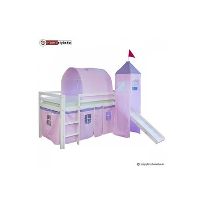 Lit Simple Blanc 90x200 en hauteur avec echelle Rideau Tour Tunnel Rose et toboggan HOMESTYLE4U