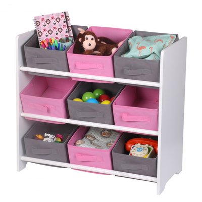 Étagère de Rangement Chambre Enfant Blanche avec 9 Paniers Roses et Gris WADIGA