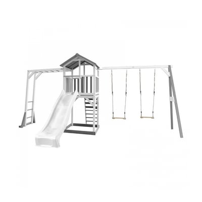 AXI Structure de jeu Beach Tower Blanc Gris avec cadre d'escalade et 2 balancoires et toboggan Blanc AXI HOUSE