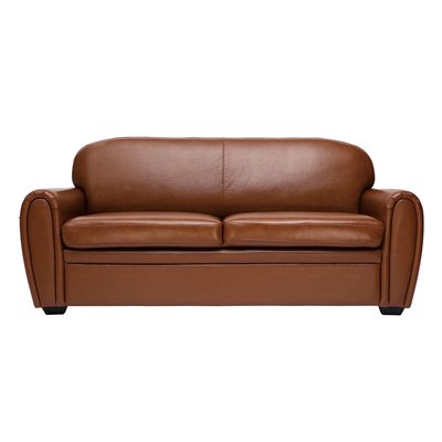 Canapé vintage 3 places cuir marron et bois noir CLUB MILIBOO
