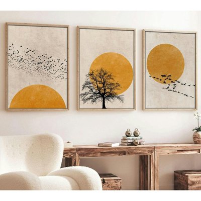 Tableau nature stylisée – soleil et oiseaux (lot de 3) PIER IMPORT